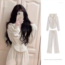 Women's Two Piece Pants 2023 Korean Short Paragraph Fishbone Sweater Female Spring Drop Shoulder Hooded Jacket Tops Two-piece Set Y2K