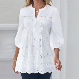 Women's Blouses Summer Clothes For Women All-match White V-Neck Hollow Out Pullover Nine Points Sleeve Blouse Lace Slim Elegant Shirt Tunic