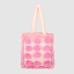 Evening Bags Winter Sweet Pink Totes For Women Girls Cute Plush Ball Decoration Faux Fur Handbag Designer Travel Versatile Shoulder