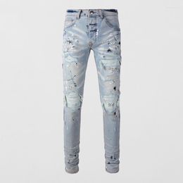 Men's Jeans Fashion Streetwear Men Retro Light Blue Stretch Skinny Fit Painted Ripped Patched Designer Hip Hop Brand Pants