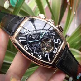 Geneva luxury leather band tourbillon mechanical men watch 45mm day date skeleton automatic men watches gifts High quality exquisi255Y