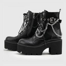 Boots Punk Style Women Boots Platform Ankle Boots Black Round Toe Chunky Heels Women Leather Shoes With Chain Lace-up Botines WSH4695 230925