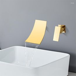 Bathroom Sink Faucets Gold Basin Faucet Brushed In-Wall Black Waterfall & Cold Tap Mixer