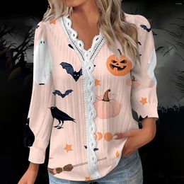 Women's T Shirts V Neck Halloween Tops Lace Long Sleeves Pleated Bat T-shirt Fashion Tunic Button Up Women Funny Casual