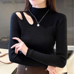 Women's Sweaters Sexy Hollow Out Sweaters Women Semi Turtleneck Solid Bottoming Top Autumn Winter Long Sleeve Warm Jumpers Office Casual Pullover L230925