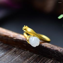 Cluster Rings White Jade Flower Designer Stone Chinese Accessories Charms Adjustable Ring 925 Silver Amulet Women Jewellery Natural