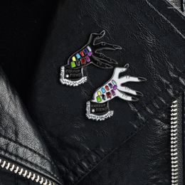 Brooches "MAKE UP FIEND"Pin Hand Devil Hands Brooch Punk Skeleton Enamel Halloween Party Gifts Black And White Colour