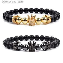 Charm Bracelets Fashion Micro CZ King Queen Crown Charm Bracelets Matte Black Onyx Beads Bracelet Hematite Trendy Zirconia Accessories Jewelry Q230925