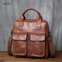 Briefcases NZPJ Retro Leather Men's Handbag Top Layer Cowhide Vertical Single Shoulder Messenger Bag Postman Briefcase Computer Bag 230925