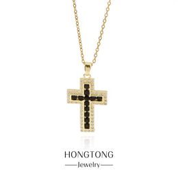 Pendant Necklaces HONGTONG Black And White Classic Zircon Cross Statue Necklace Stainless Steel Light Luxury Simple Church Prayer Gifts