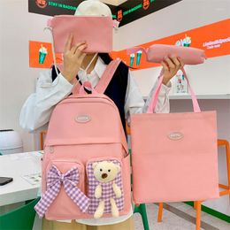 School Bags 4 Pcs Kawaii Canvas Schoolbag For Teenage Girls College Cute Backpack Purse Large Capacity Satchel Student Shopper Rucksack