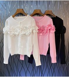 Women's Jackets High Quality Knitted Cardigans 2023 Autumn Winter Tops Coat Ladies Ruffle Flower Decoi Long Sleeve Pink Black White