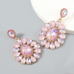 Dangle Earrings Fashion Flower Drop Women Ethnic Elegant Big Pink Crystal Rhinestones Wedding Jewellery Accessories Wholesale