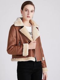 Women's Leather Winter Brown Faux Jacket Fur Warm Short Coat Biker Streetwear Moto Lamb Jackets