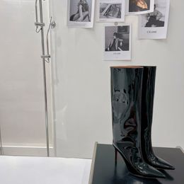 Amina Muaddi Fiona Stivali alti al ginocchio in pelle verniciata a punta Donna bottes luxe nero bianco tacchi a spillo stilista di lusso scarpe slip-on calzature di fabbrica