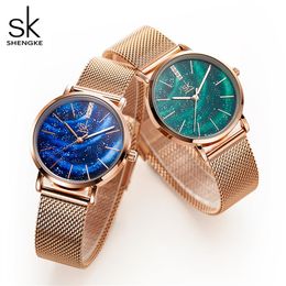 Shengke Women Watches Starry Green Dial Reloj Mujer Ladies Wristwatch Ultra-thin Stainless Steel Strap Quartz Montre Femme Gift314Q