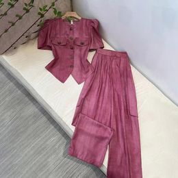 Women's Two Piece Pants Summer Pink Office Set For Women 2023 Fashion Puffy Sleeve Tank Top In Matching High Waist Wide Sets Clothes