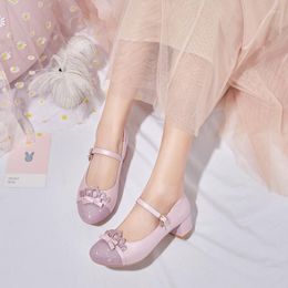 Dress Shoes 2023 Girls Princess Children Students Crystal Performance High Heels Cute Glitter Sequin Bow Sweet Mary Jane