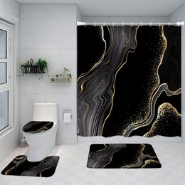 Shower Curtains Abstract Marble Shower Curtain Set Gold Lines Black Grey Pattern Modern Luxury Home Bathroom Decor Non-slip Rug Toilet Lid Cover 230925