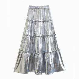 Skirts Silver Metallic For Women Tiered Pleated Flowy A line High Elastic Waist Cake Glitter Long Skirt Party Skinny Outfits 230925