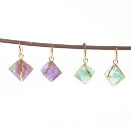 Dangle Earrings FUWO Wholesale Female Gold Colour Fluorite Natural Stone Pyramid Jewellery For Women Party Wedding Gift ER255 5Pairs/Lot