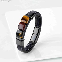 Charm Bracelets New Multi Colour 3 Square Natural Old Tiger Eye Vintage Jewellery Charm Wide Leather Rope Men's Stainless Steel Bracelet Jewellery Q230925