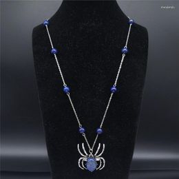 Pendant Necklaces Spider Natural Stone Stainless Steel Beads Pendants Women Blue Color Long Statement Necklace Jewelry Cadena NF10S04