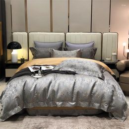 Bedding Sets Luxury Silver Grey Yarndyed Jacquard And Egyptian Cotton Set Satin Smooth Quilt Cover Flat/Fitted Sheet Pillowcases