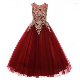 Girl Dresses Burgundy Little Girls Pageant Dress Gold Applique Kids Ball Gowns For Children Fancy Prom Party Vestido Menina