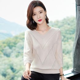 Women's Sweaters Spring Summer Sweater Korean Pure Colour V-collar Thin Knitted Pullovers Female Three-quarter Sleeve Top H9321