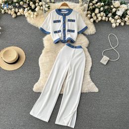 Women's Two Piece Pants Colour Contrasting Chic Button Design O-neck Short Sleeve Tops Fashion High Waist Slit Wide-leg Pant Female Deluxe