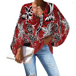 Women's Blouses Autumn Women Chiffon Loose Long Sleeve Casual Polynesian Tribal Islands Clothing Samoa Hawaiian Red Print Shirt 2023