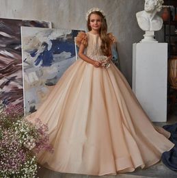 Girl Dresses Champagne Flower Dress Wedding Party Organza Beading First Communion Pageant Gown Size 1-14Y