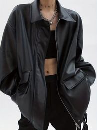 Women's Leather Streetwear Oversize Black Jacket Women Fashion Vintage Pu Zipper Biker Female Loose Warm Pocket Faux Coat