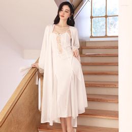 Women's Sleepwear Women Sexy 2pcs Lace Robe Sleep Suit Satin Kimono Bathrobe Gown Set Summer Nightgown Lingerie Lady V-neck Nightwear