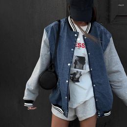 Women's Jackets 2023 Autumn Winter Patchwork Denim High-end Baseball Cloth Young Casual Office Lady Full Sleeve Women Loose Outwears