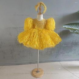 Girl Dresses Gorgerous Sequined Yellow Fluffy Flower Dress Birthday Party Gown With Fur Christmas Knee Length