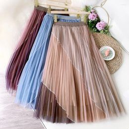 Skirts Early Spring Personality Contrast Colour Skirt Stitching High Waist Mesh Women's Mid-length Large Swing Fairy Slim Pleated