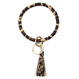 Leopard Print PU Leather Keychain Bracelet Bangle Keyring Circle Key Ring Leather Tassel Bracelet Holder Fashion Jewelry303R