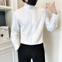 Men's Casual Shirts Stand Collar White Retro Gentleman For Mens Slim Fit Elegant Blouse Baroque Court Mandarin Party Dress Claret Red