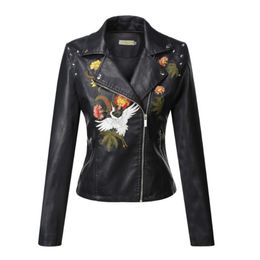 QNPQYX New Autumn Flowers Embroidery Pu Leather Jacket Women Turn-down Collar Rivet Zipper Black Biker Coats Tops Clothes Ropa De Mujer