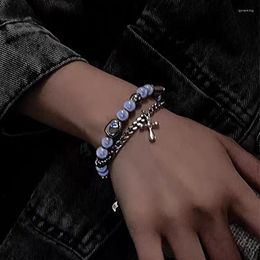 Bangle Shiny Reflective Pearl Bracelet For Women Men Jesus Christ Cross Pendant Charm Girls Punk Hip Hop Hand Chain Jewellery