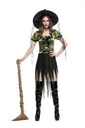 Designer Theme Costume Fasion Sexig Green Adult Witch Magician Cosplay Dress Women Fantasy Halloween Oregelbunden gotisk med hatt