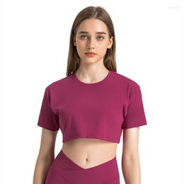 Active Shirts Solid Colour Drawn Rib Fitness Yoga T -Shirt Cropped Crop Top Quick Drying Loose Breathable Sports Short Sleeve Gym Blouses