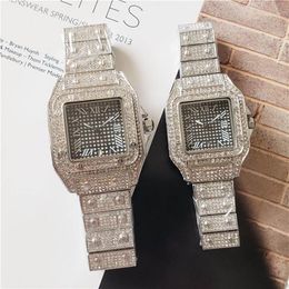 Amantes de luxo relógios de pulso quadrados com diamante completo homens mulheres designer relógios casais completo congelado relógio para número romano hora m229m