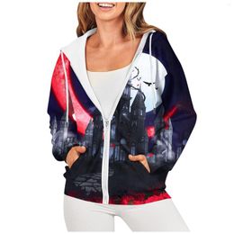 Women's Hoodies Fashion Long Sleeve Halloween Print Hooded Zipper Sweater Coat Comfortable Soft Funny Pattern Temperament