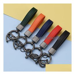 Keychains Lanyards 10 Colors Leather Car Black Sier Button Pure Color Leathers Women Pendant Men Creative Keychain Lovers Gift By Drop Dhxrl