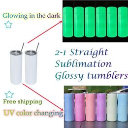 US Warehouse 20oz Straight Sublimation Tumblers UV Color Changing & Dark Glowing with Clear Straws Stainless Steel Double Wall Vac2739