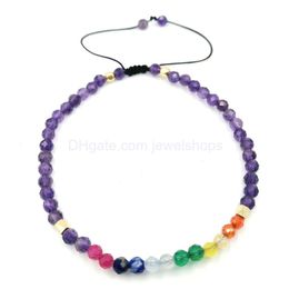 Beaded M Faceted Gemstone Adjustable Bracelet Tiny Beads Pink Tourmaline Amethyst Lapis Quartz Black Spinel Braided Seven Chakra Brace Dhl7E