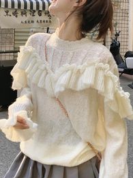 Suéteres femininos Kimokokm estilo preppy outono inverno doce suave preguiçoso oco bonito babados flare manga pulôver solto torção tricô